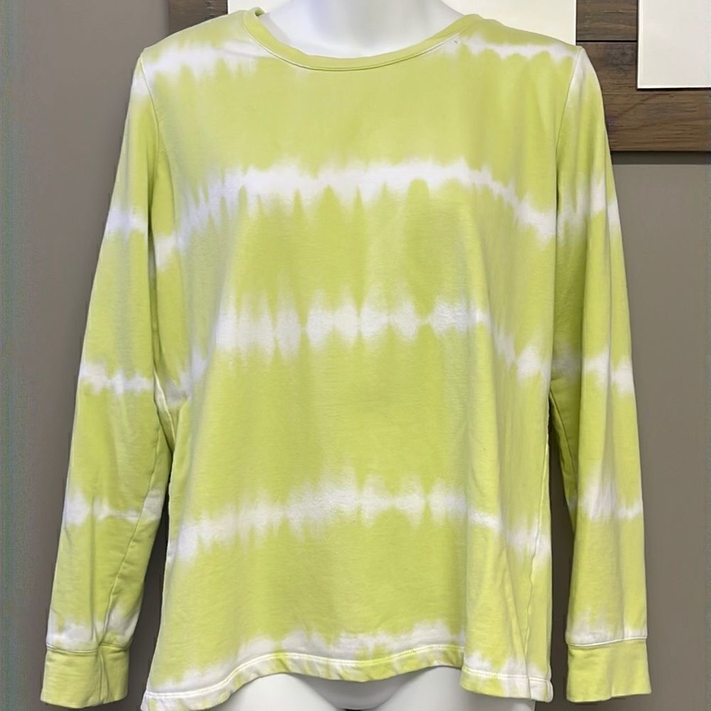 Denim & Co. Light Lime Green/Wht. Tie Dye Crewneck Long Sleeve Sweatshirt- Small
